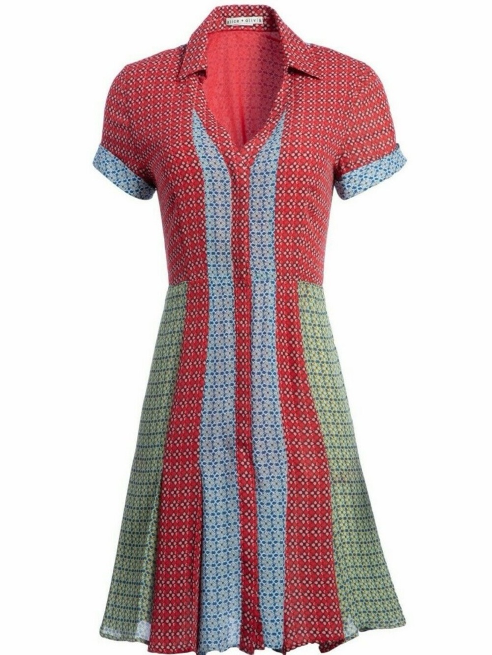 Alice + Olivia Mixed-Panel Mini Dress in Red, Light Blue and Olive - Picture 5 of 11